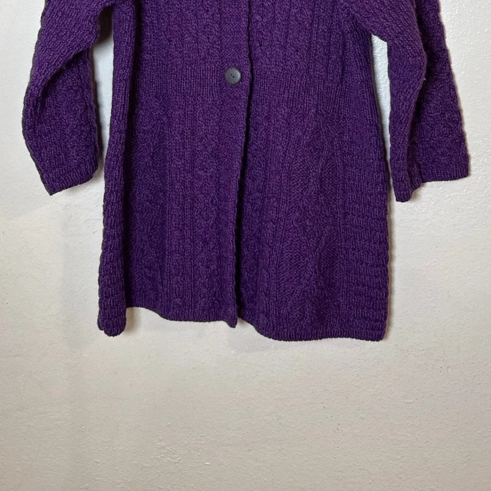 Kilronan Knitwear Women Cardigan‎ S Purple Merino Wool Irish Aran Cable Knit - Picture 4 of 10